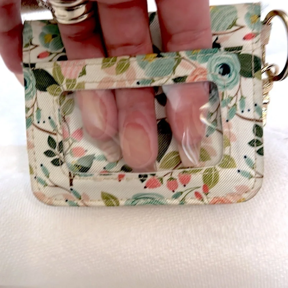 Mary Square ID Wallet with keychain- peach floral NWOT